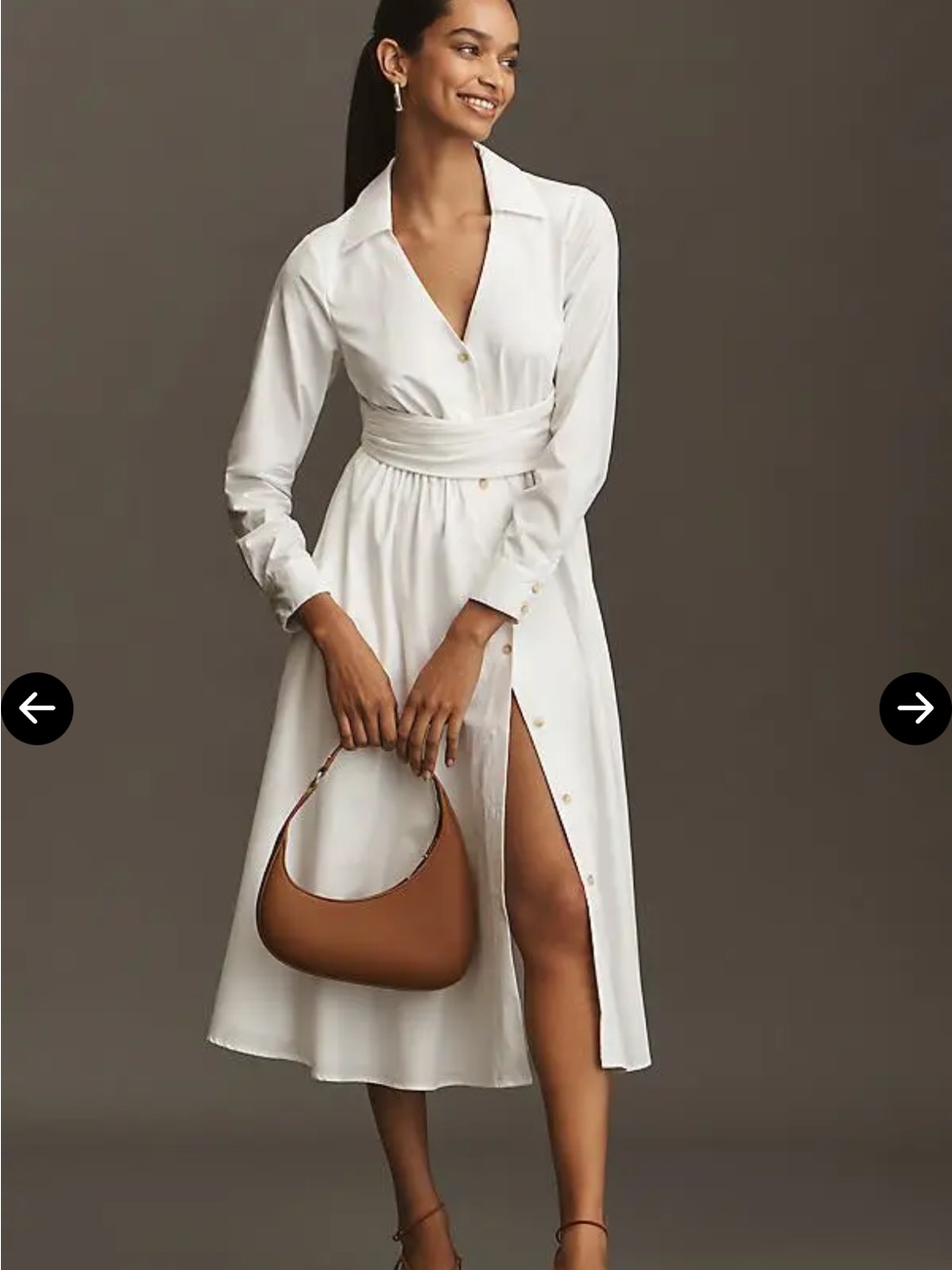 Hutch Long Sleeve V Neck White Button-Front Midi Shirt Dress With Waist Tie